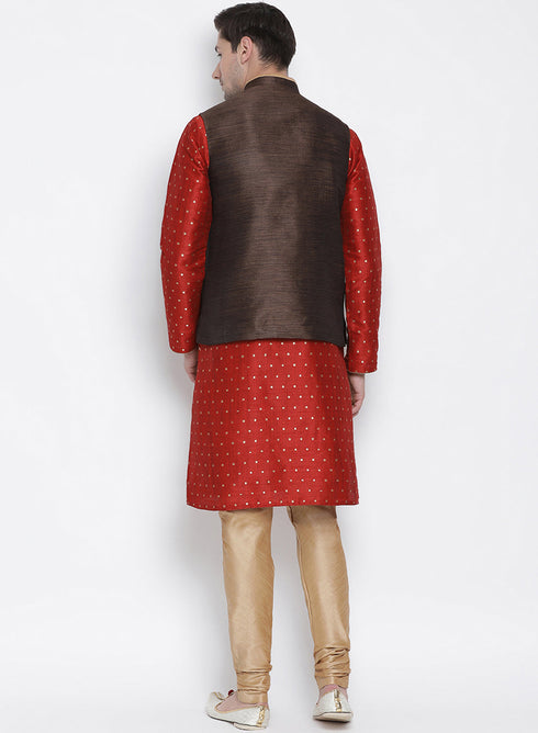 VASTRAMAY Men's Maroon Cotton Silk Blend Kurta, Ethnic Jacket and Pyjama Set